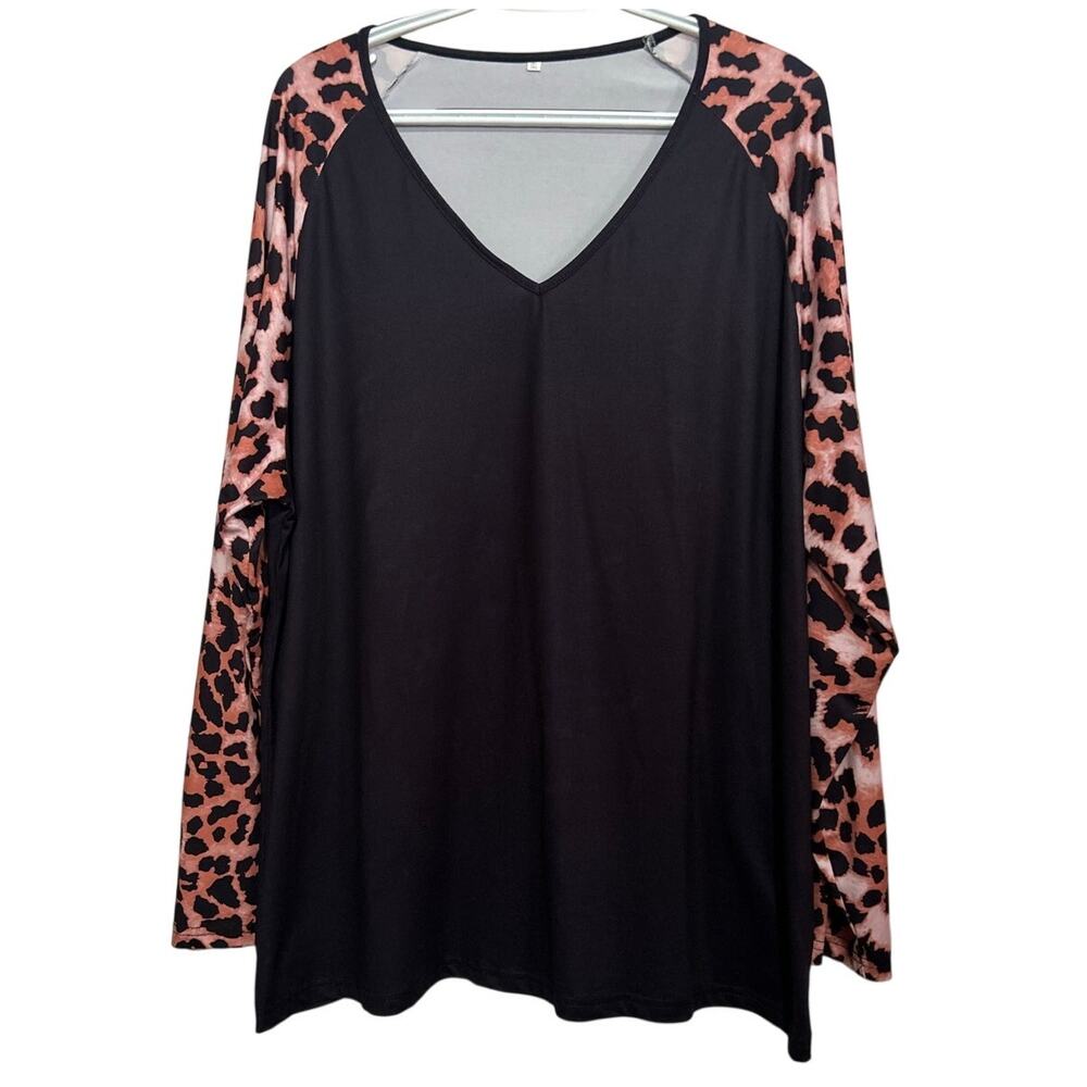 Women's Black Rust Animal Print Long Sleeve V-Neck Top‎ Size 3XL